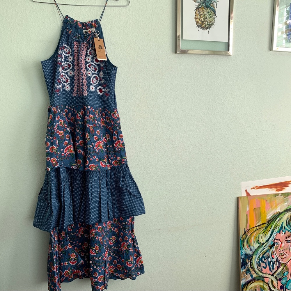 ANTHROPOLOGIE KOPAL embroidered dress Small floral print NWT new tiered halter - Picture 2 of 16